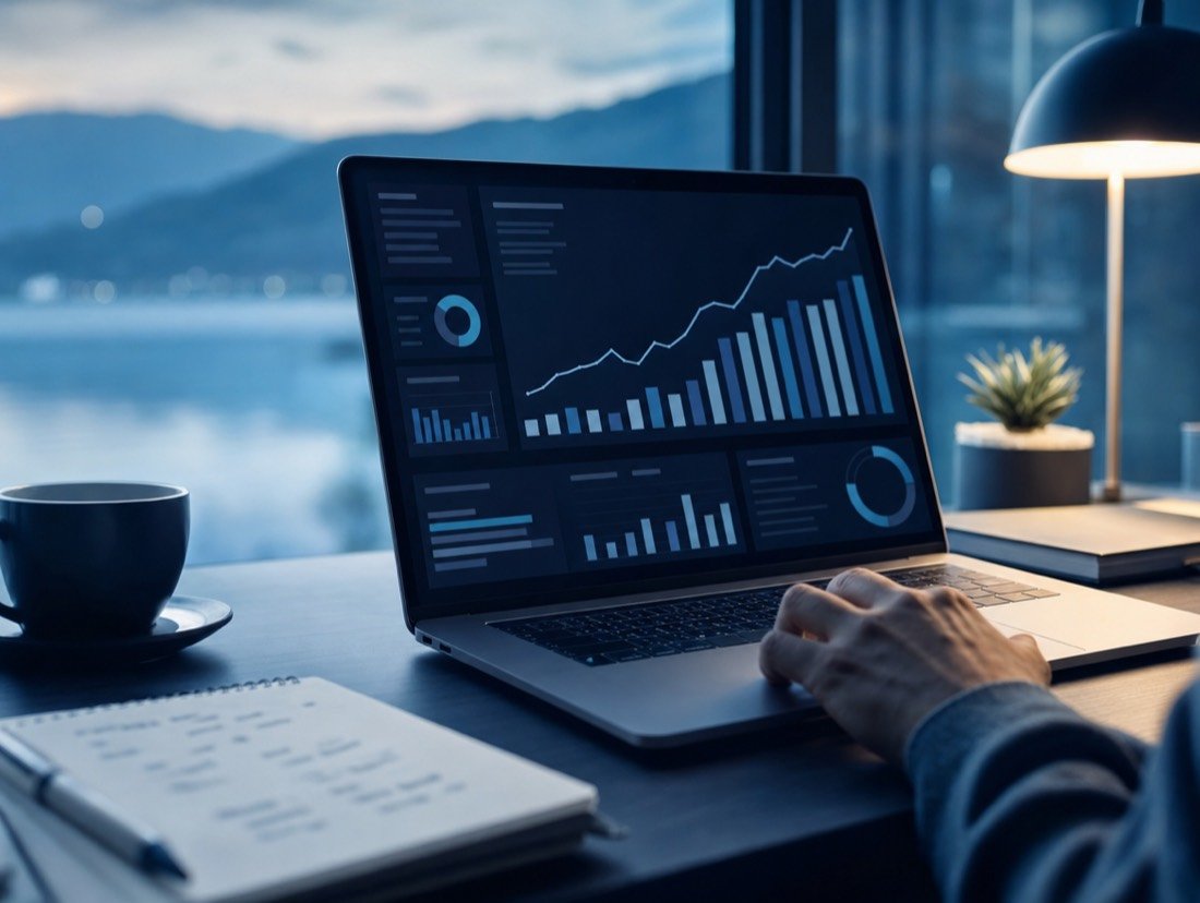 Advertising charts on a laptop beside a window looking out over a lake and hills