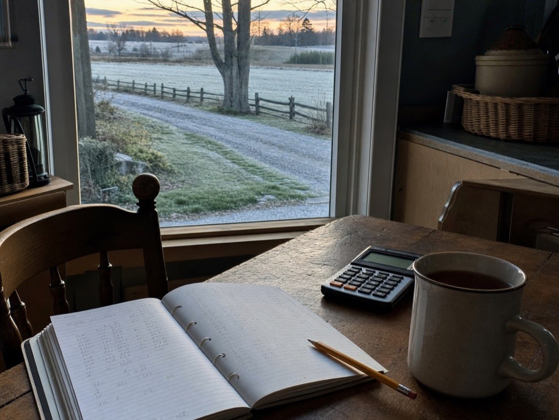 Frost on the window above a kitchen table: a notebook of figures, a calculator and tea
