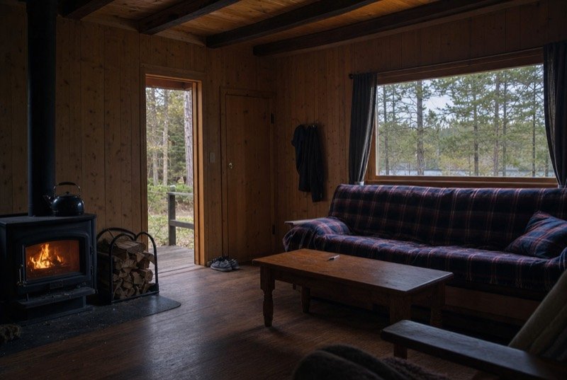 A simple rental cabin with a wood stove, plaid blankets on a sofa and pines outside the window