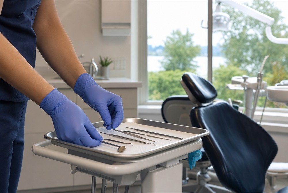 Gloved hands laying out dental instruments on a tray ahead of an appointment
