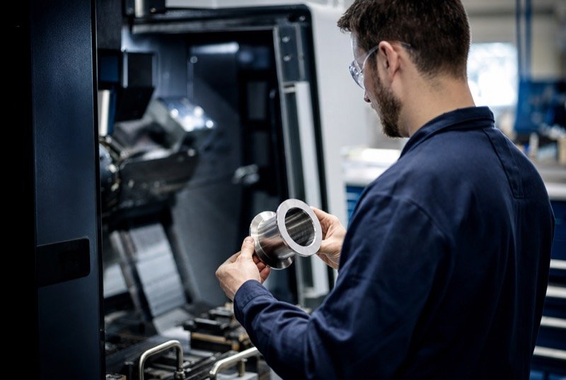 In a bright shop, a machinist in safety glasses looks over a freshly cut steel part