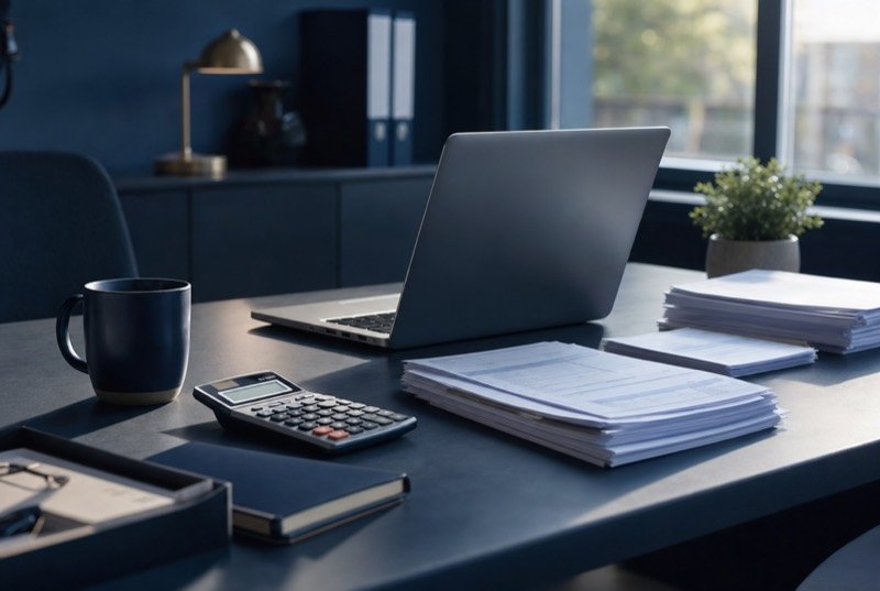 Ring binders piled up beside a calculator and laptop on a clean desk