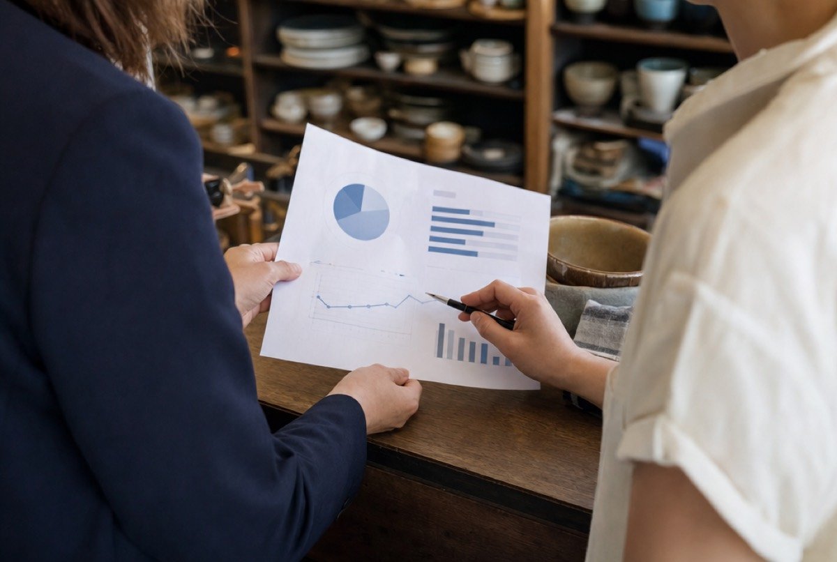 Owner and advisor at a shop counter, reading through a printed report together