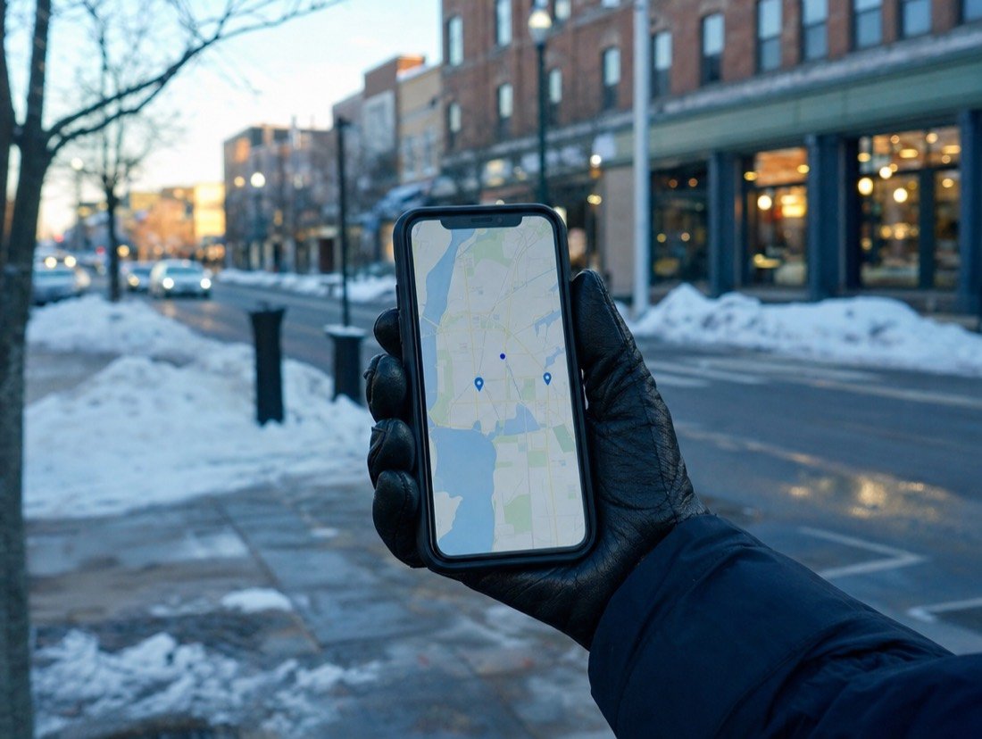 Gloved hand raising a phone with pins on a map, snowbanks and a brick street soft behind it