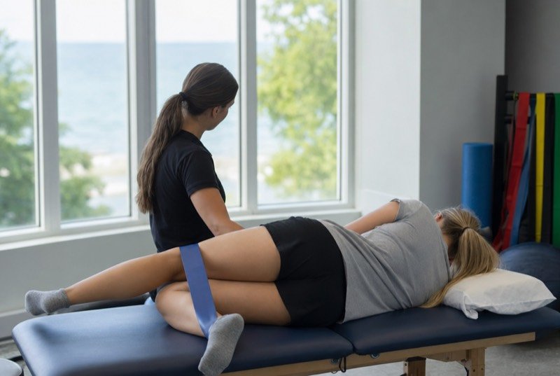 Physio session in progress: a patient on a treatment table bending one knee with guidance