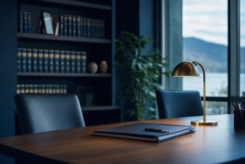 Desk lamp lit in a quiet office lined with shelves of bound law books