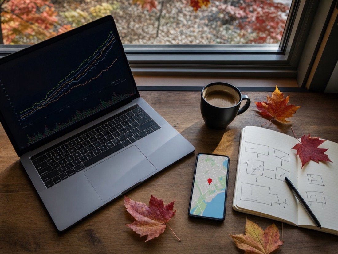 A desk scattered with autumn leaves: rankings charted on a laptop, a map on a phone, a notebook of page plans