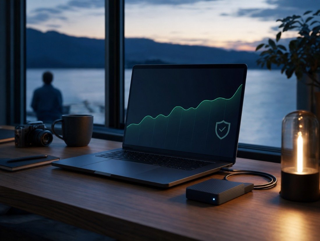 A laptop showing a security shield and uptime chart beside a backup drive, a lake at dusk outside