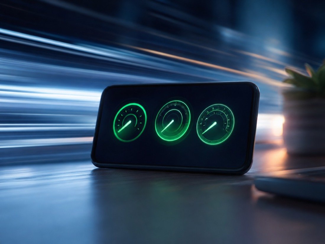 Three speed gauges glowing green on a phone, the background streaked with motion
