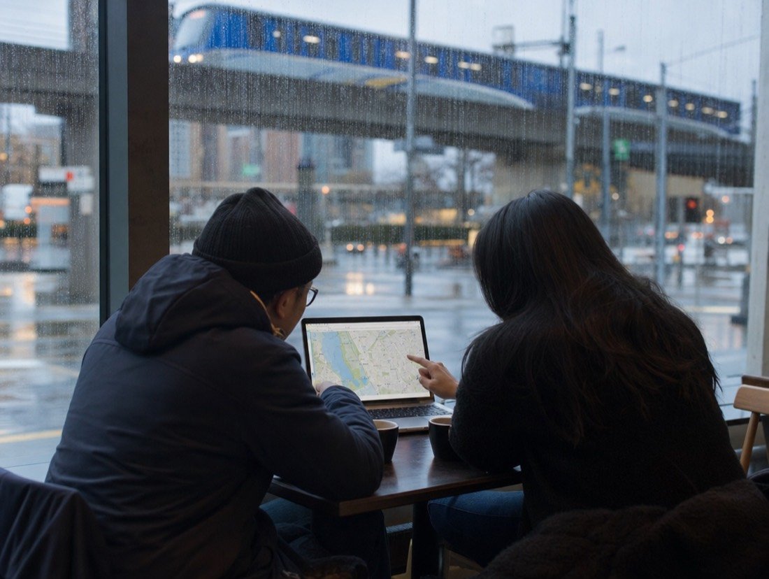 A pair at a café table working through a route on a laptop, streetlights glowing outside