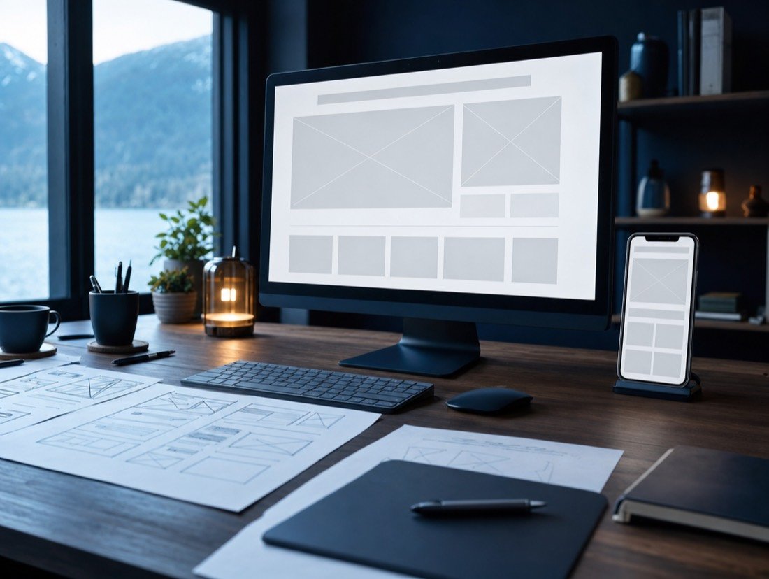 A website wireframe on a monitor and phone, page sketches on the desk and a lake outside