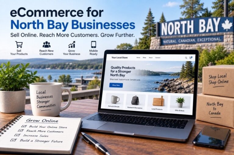 Graphic: “eCommerce for North Bay Businesses”, with a laptop showing an online store on a desk beside a lake view
